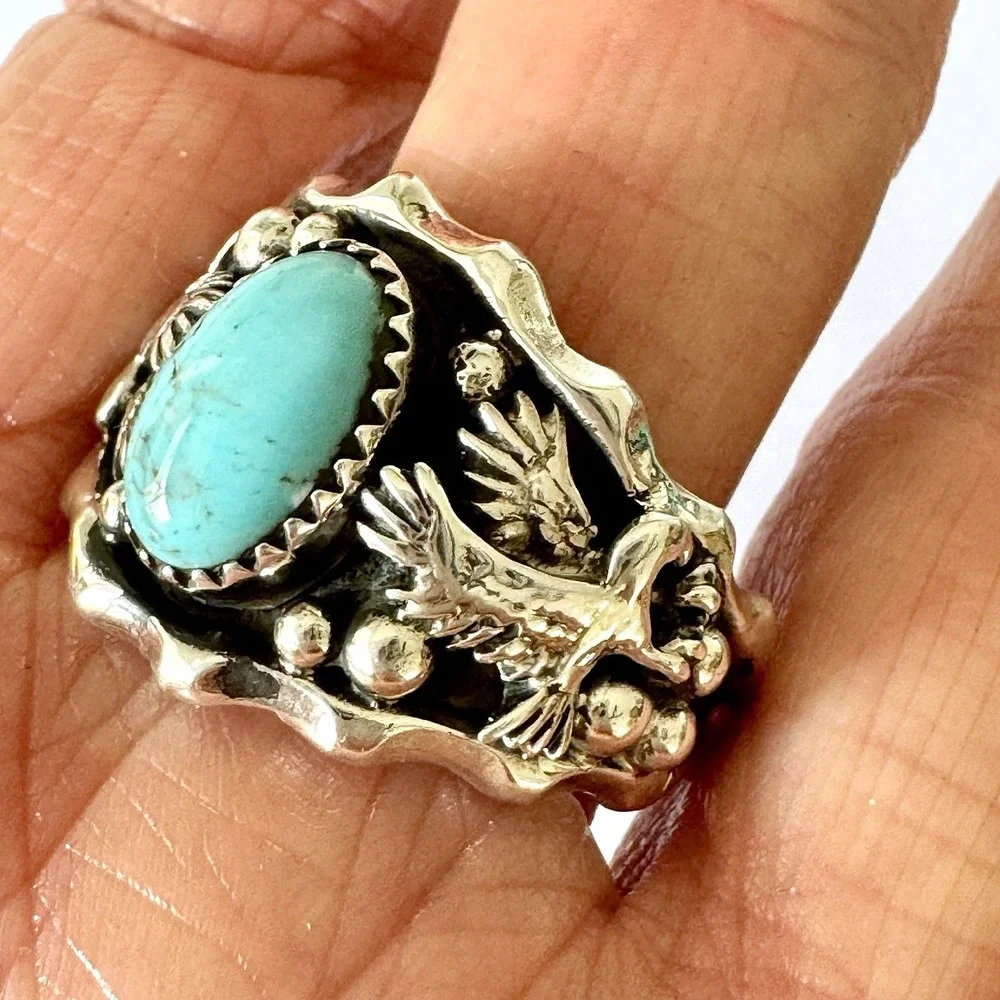 Navajo Eagle Mens Band Sz 13 Ring Turquoise Sterling Francisco Native American‎